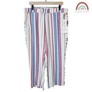New! Caffe Marrakesh Linen Stripes Pull On Straight Leg Cropped Casual Pants